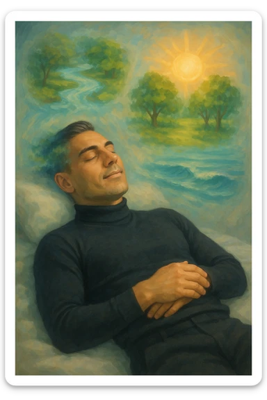 Un uomo sdraiato su un letto o una superficie fluttuante, con un'espressione serena e gli occhi chiusi. Attorno a lui, proiettate dalla sua mente, si materializzano immagini vivide di benessere e armonia: sticker