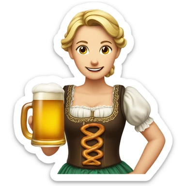 German Woman wearing a dirndl and holding a beer and a pretzel sticker