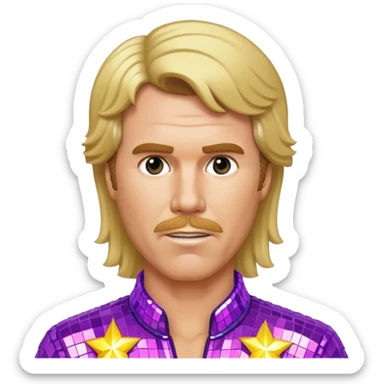 will ferrel realistic half body , with long blonde straight hair, disco outfit sticker