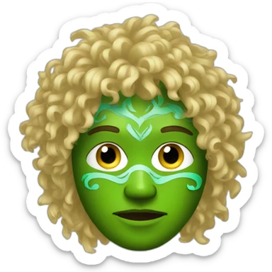 A man wearing a green tribal mask with medium length blonde curly hair sticker