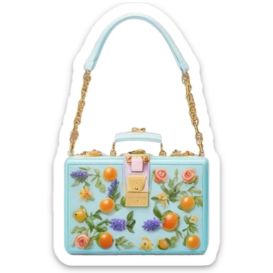 Dolce and Gabbana small box bag with white and colourful lavender light blue light green orange pink summer print and golden detais 2023 sticker