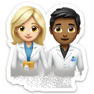 blonde female pharmacist and white male chemist with black hair in love sticker