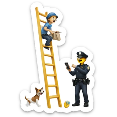 create an emoji of a child o a ladder painting  while the police watches with a dog and a camera sticker