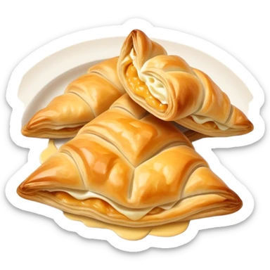 Burek sa Sirom Cinematic Realistic Burek sa Sirom Dish Emoji, depicted as a flat, flaky pastry filled with cheese, rendered with crisp textures and warm, inviting lighting. sticker
