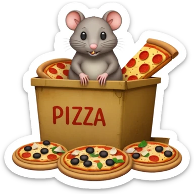 emoji-style icon of a pizza restaurant with a pizza sign, a giant rat sitting on top of an overflowing dumpster, trash bags and food scraps all around, very dirty, clear at small size, no text sticker