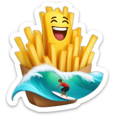 A French fries who is surfing on a big waves sticker