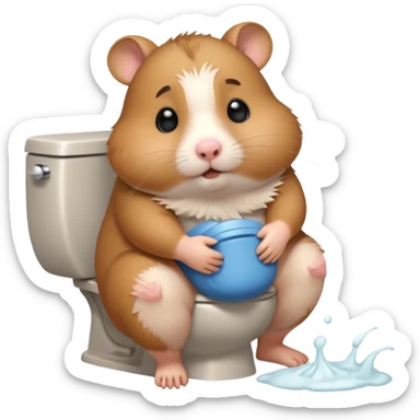 Cute chubby cartoon-style hamster sitting on toilet pooping looking as if he had an accident sticker