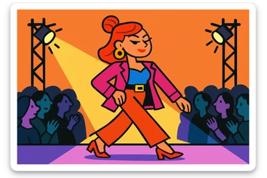 stylized cartoon woman strutting on a fashion runway, horizontal layout, spotlight, confident expression sticker