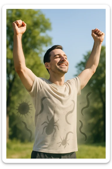 a man stands outdoors in bright sunlight, arms raised in relief and joy, while faint, shadowy silhouettes of parasites fall away from his body and dissolve into the air. His posture is upright and energetic, his expression serene and healthy. The background features green trees and a clear sky, emphasizing liberation and restored well-being. sticker