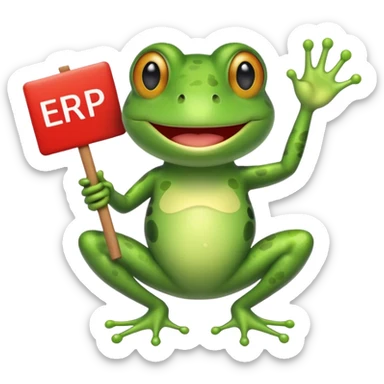frog holding a sign that says ERP, fun emoji-style illustration sticker