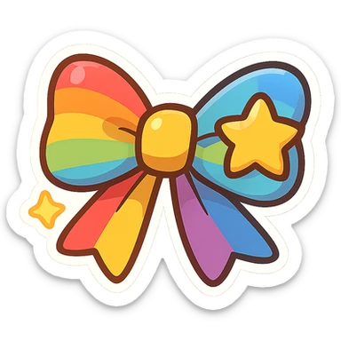 chibi style bow, rainbow colors, playful, cheerful, cartoon style, star motif sticker