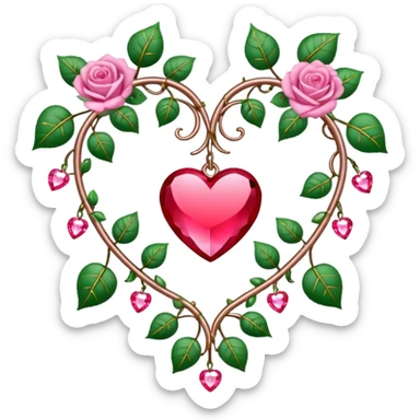 heart shape metal vine with pink-red roses border with crystals hanging  sticker