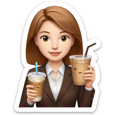 Women in front of laptop with a happy face, long light brown hair, light brown big eyes, light pale skin with a iced coffee on the side, business attire sticker