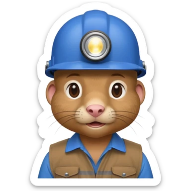 a mole rat, blue helmet, headlamp, BROWN worker cloth sticker