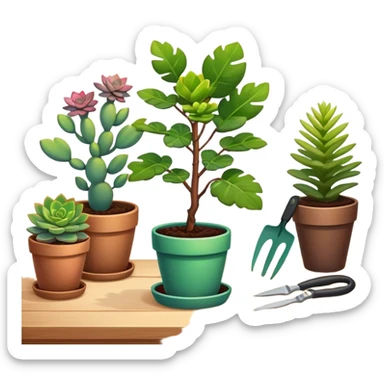 Close-up of a potted sapling with vibrant flowering plants around it, in rich soil. Sunlight filters through the window, casting soft shadows. Cozy indoor garden with blooming flowers, succulents, and gardening tools placed neatly on a wooden table. sticker