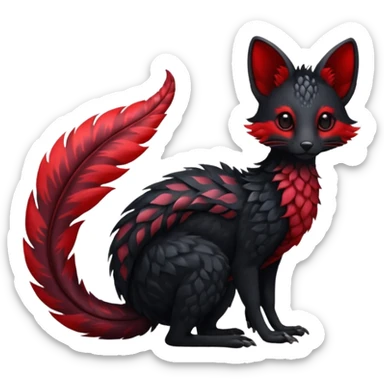 Feral Rare Fantasy shiny soft fuzzy furry vibrant tropical obsidian-black and crimson-red Vernid-Trico-species-creature by LiLaiRa, random markings, tufted tail, tufted ears, full body sticker