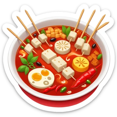 Spicy Hot Pot Skewers Malatang with various ingredients in red broth, simplified emoji style with bold outlines and bright colors, cartoon style Chinese street food bowl sticker