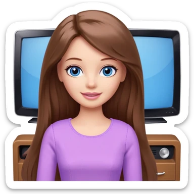 beautiful barbie girl with long brown hair, blue eyes and wearing light purple clothes watching tv sticker