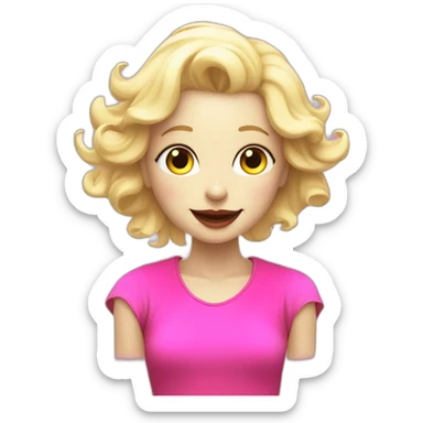 Joyful white humanoid with a fluorescent and playful pink shirt, passionate about programming and art, blond hair red lip round and black bezel sticker