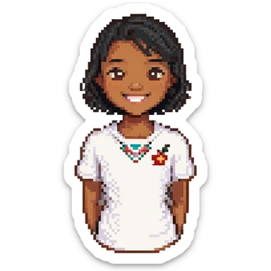brown Samoan skinny girl with slight Chinese features, black short hair just below the shoulders, smiling without showing teeth, pixel art style sticker