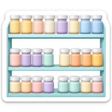 Japanese brand creams displayed on a storage shelf, arranged with horizontal variation and vertical consistency. sticker