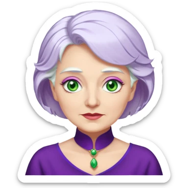Madame Morrible from Wicked with green eyes, white hair, purple outfit sticker