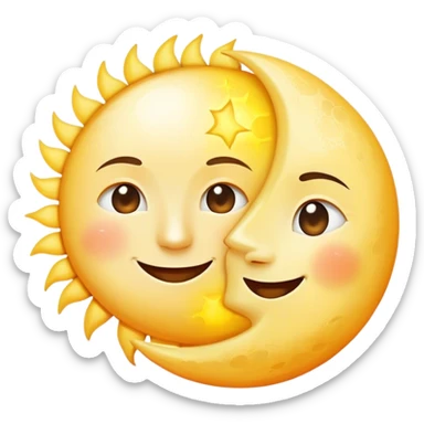 a really bright  big sun and a small moon who shines because of it. the sun is bigger and the tiny \moon bright too beside it smiling looking at each other sticker