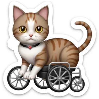 full body small short hair dark brown and white cat with hazel eyes walking in a wheelchair for cats sticker