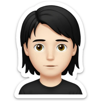 A beautiful boy with black hair and hazel green and brown eyes and white skin , with dark freckles and black t shirt with HAIRCUT: middle part hair hair with a center part haircut long  sticker