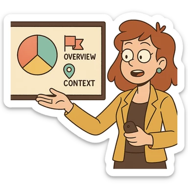 slide with pie chart, flag, and map pin for overview, goals, and context sticker