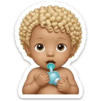 Black newborn baby, short tuft of curly blonde hair, pacifier in mouth sticker