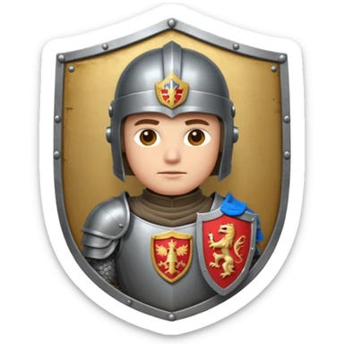 An emoji portrait of a medieval knight. He wears a suit of armor with a stylized helmet. His expression is serious and determined, and he holds a shield with a family crest. sticker