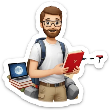 smiling young man with glasses, beard, white t-shirt, holding a red book, surrounded by hobby icons: mountain bike, laptop with code, hiking boot, climbing wall, bed with moon-and-stars, tree sticker