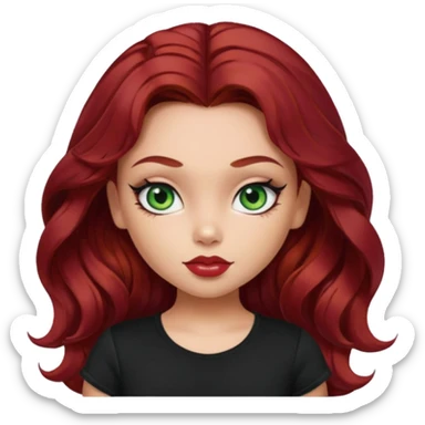 a pretty fair bratz girl with wavy dark red hair, wearing a black tee. eyeliner on, green eyes sticker