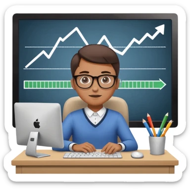 A person sitting at a desk working on a computer with upward arrows and percentage signs, suggesting digital sales, marketing, or outreach. sticker