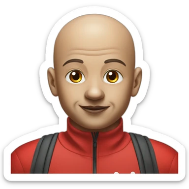 Bald clown in red Adidas training suit with clown hair and nose sticker