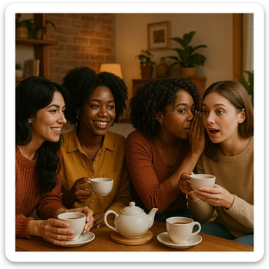 four girlfriends gossiping over tea, one with black hair, two Black girls, one light-skinned girl, cozy and friendly atmosphere, warm and inviting setting sticker