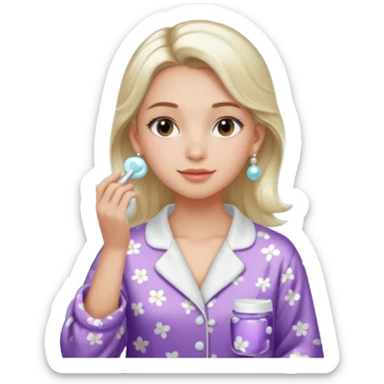 Clean girl aesthetic emoticons, apply skincare products, pearl earrings, glowing skin, pajamas, soft lighting sticker