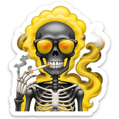 create an image of the specified emoji:
"Create an emoji-style illustration of a black skeleton wearing yellow sunglasses and smoking. The skeleton should have a playful and relaxed expression, with smoke swirling around it. The background should be bright and colorful sticker