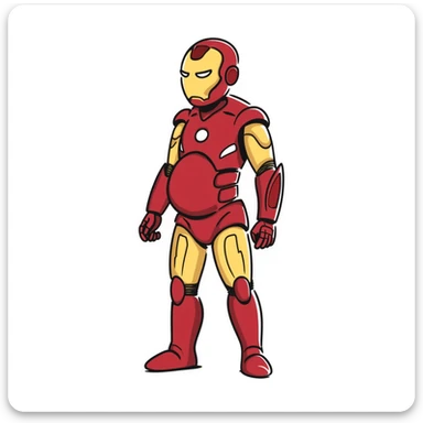 Iron Man superhero with a pregnant belly, iconic red and gold armor suit, arc reactor glowing in chest sticker