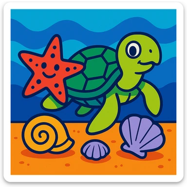 turtle, starfish, and shells together in vibrant toon style sticker