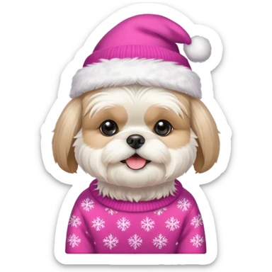 white shih tzu with pink christmas sweater and hat sticker