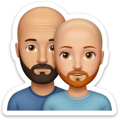 Couple. Bald man with dark brown-black beard. White woman with many small, faded freckles, white skin and she has auburn-yellow-brown-caramel, dark hair. She has light orange-brown eyes. The man have hazel eyes. Retro style. sticker