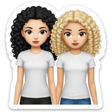 2 pretty bratz fair girls. One has straight black hair and is tan, wearing a white tshirt. One is fair with curly black hair, wearing a black tshirt  sticker