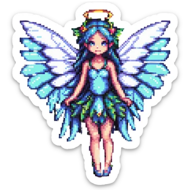 pixel art fairy with large wings, whimsical and bright sticker