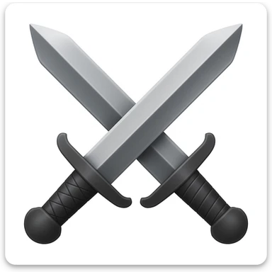 Create dual swords similar to the reference image but with black and grayish colors. The swords should be pointing upward and be wider. Add a slight metallic shine to the swords. The style should emulate emoji style with concise details. sticker