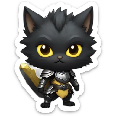 chibi monster hunter palico with all black fur and black face, on hind legs wearing armor, yellow eyes sticker