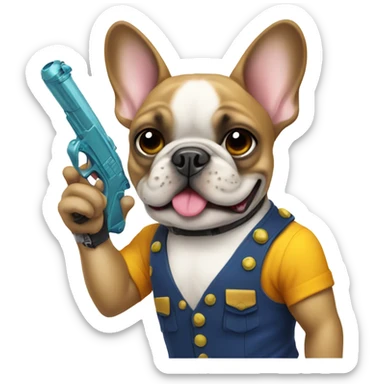 french bulldog with a water pistol sticker
