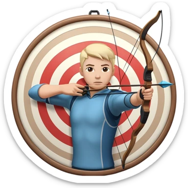 An archer pulling back a bowstring, aiming at a target in the distance. The target features concentric rings, and the scene conveys focus and precision. The background captures the essence of an outdoor archery range, highlighting skill and concentration in the sport. sticker