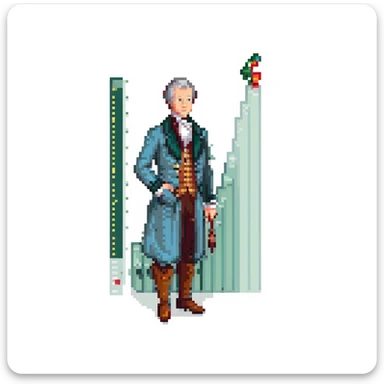 Thomas Malthus in pixel art style, 18th-century attire, standing next to a graph showing population growth sticker